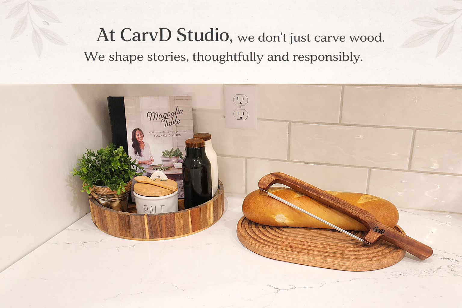 Bread board and Knife on a white surface with a neutral background