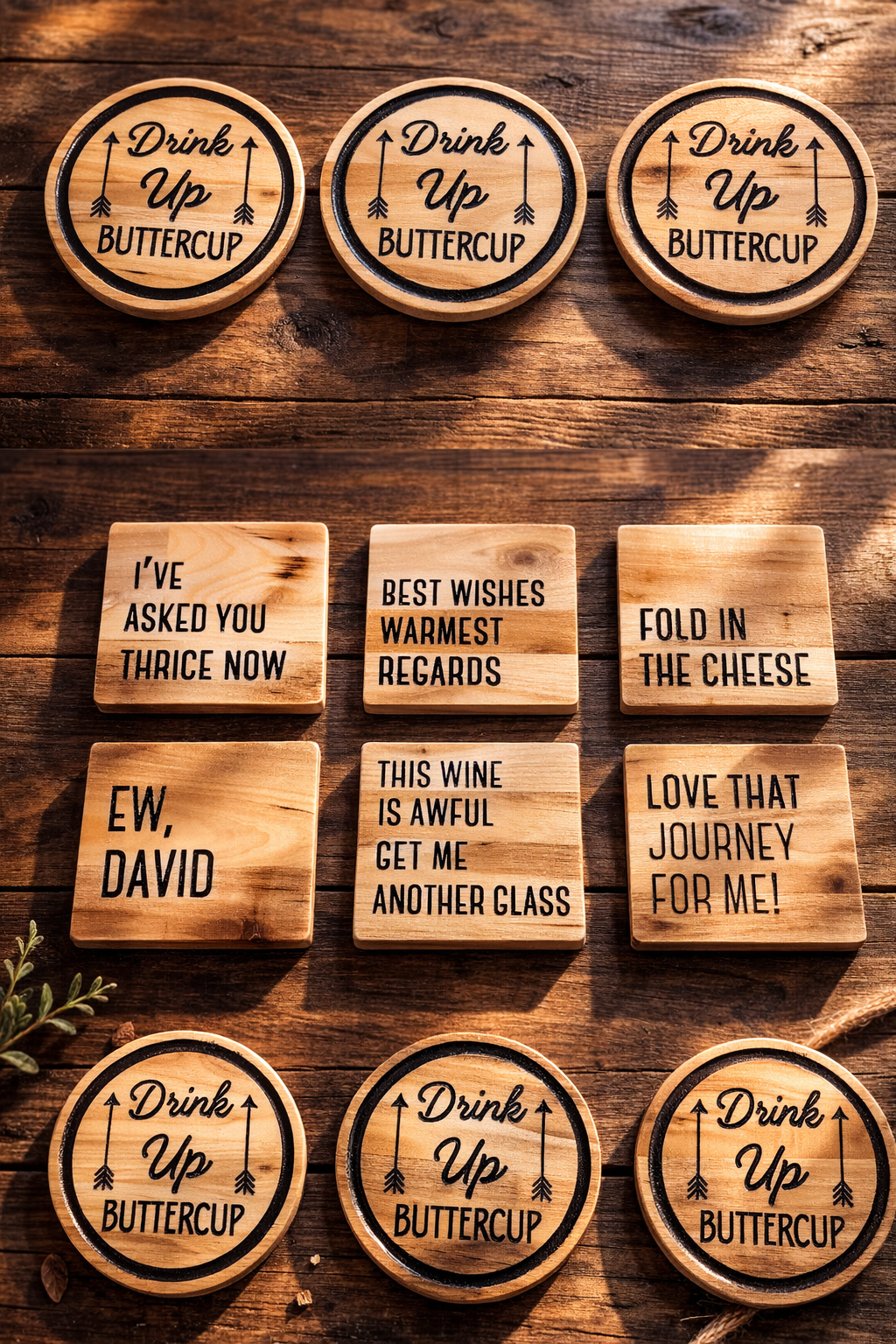 Wooden coasters with humorous sayings on a wooden surface