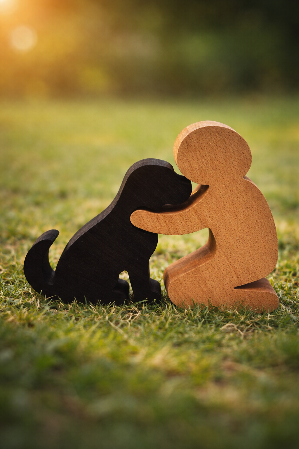 Conversational figures of a dog and a person hugging on grass