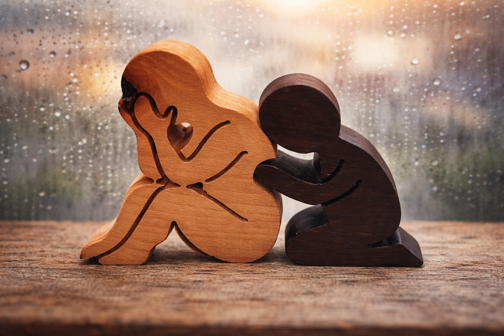 Conversation figurines of a Mom and child embracing on a wooden surface with a blurred background