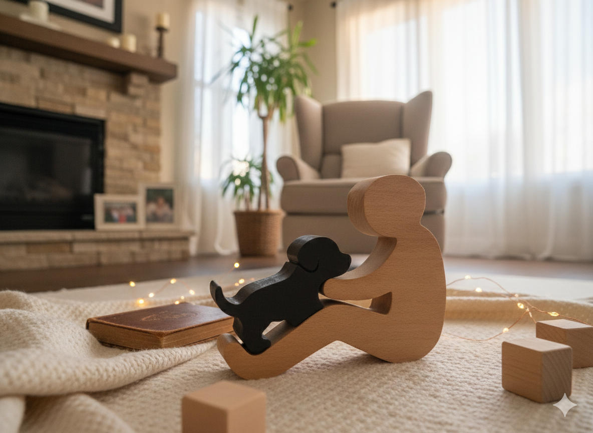 Conversation figure of a person sitting with a dog on a rug in a cozy living room.